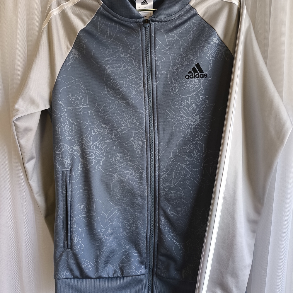 Adidas Blue and Silver Bomber Jacket with Full-Zip and Standing Collar